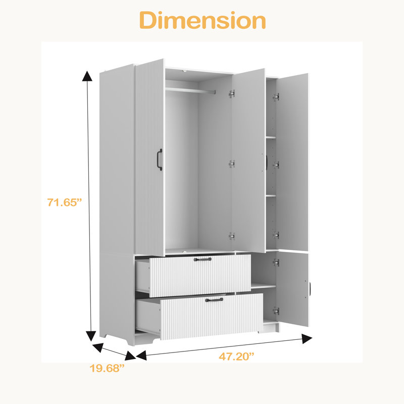 Armoire 4 portes avec miroir, armoire à DEL avec portes et 2 tiroirs, armoire de rangement en bois avec tringle