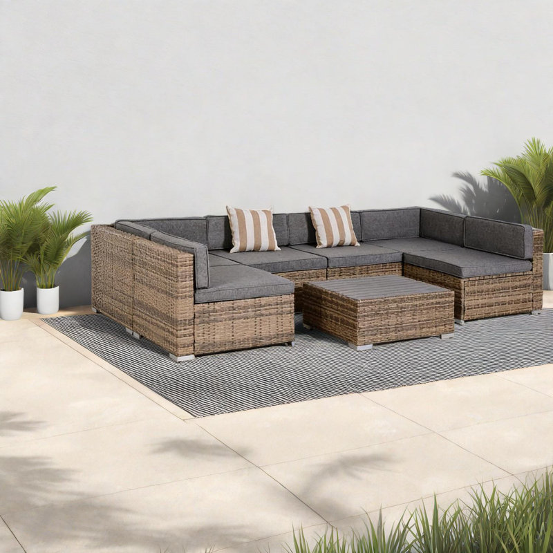 Ensemble de canapés de patio gris moderne, cadre en acier rotin, utilisation extérieure polyvalente