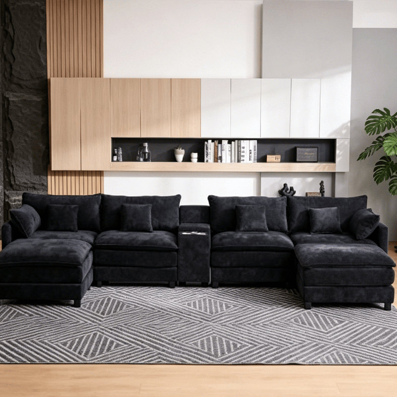 Canapé modulaire en chenille 142 pièces de 142,5 po avec console et ports USB, repose-pieds amovible, CSN-W2915S00054Noir