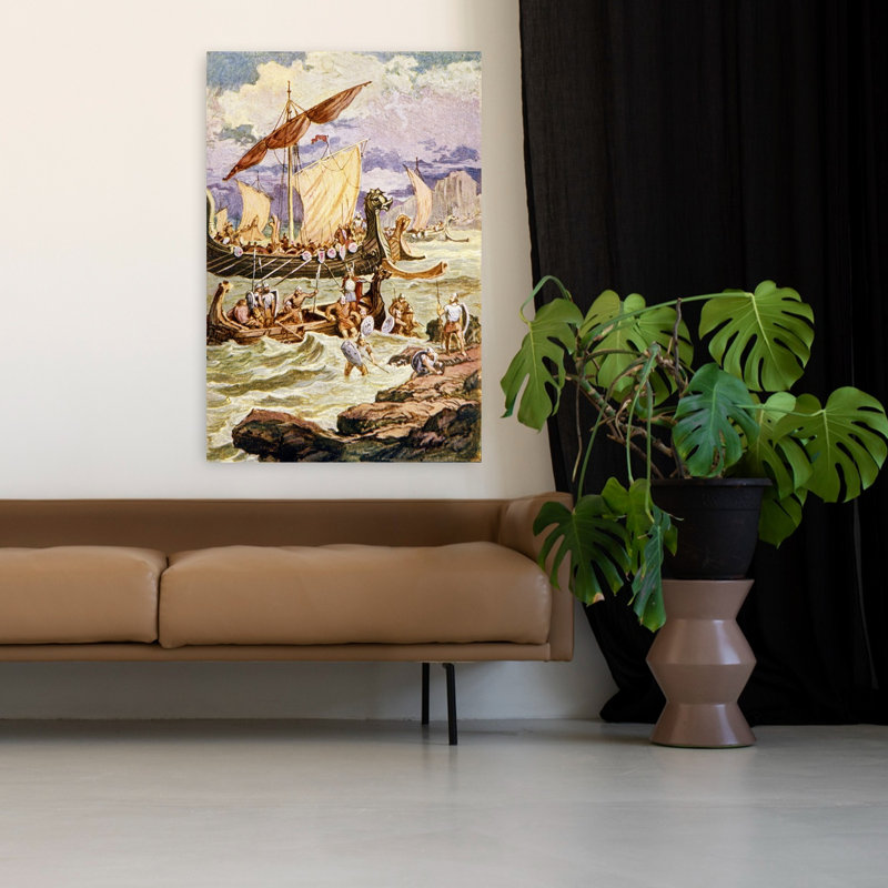 Viking Norsemen Ships Landing Warriors and Explorers Coming Ashore Classic Retro Vintage, art mural, H 48 po x l 32 po