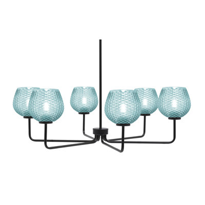 Lustre 6 lumières Amarmula, finition noir mat, verre texturé turquoise 6 po