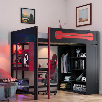 Lit mezzanine en bois avec bureau, garde-robe ouverte et lumière RVB