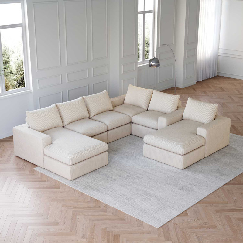 Canapé modulaire en Corduroy avec méridienne et 3 coussins en forme de L, Beige