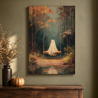 Whimsical Halloween Ghost on Swing Wrapped Canvas Wall Art with Autumn Reflection, 24 by 36 Inches