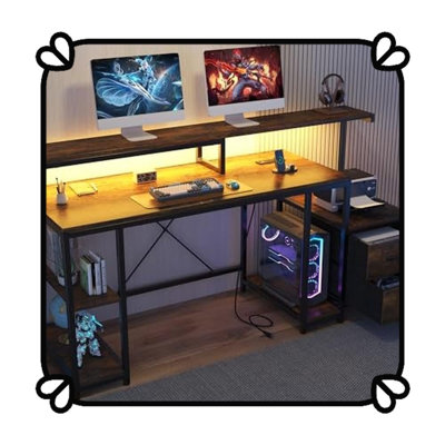 Bureau ergonomique 63 po avec éclairage à DEL RVB, support pour écran double, prises de courant intégrées et espace pour imprimante