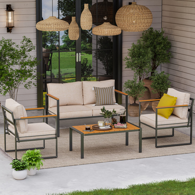 Ellamay Outdoor Seating Group With Cushion, Square shape, 2, Beige