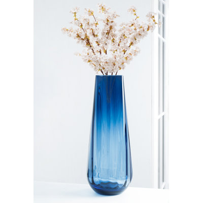 Flower Vase - Glass -  Blue - Colored - Thick - 13.9"H - Square Top - Optic  Design - European Made - by Barski