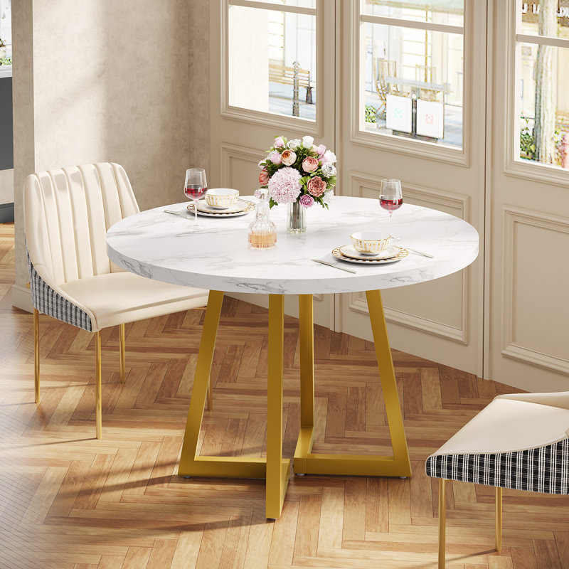 31.5" Round Dining Table for 2, White & Gold
