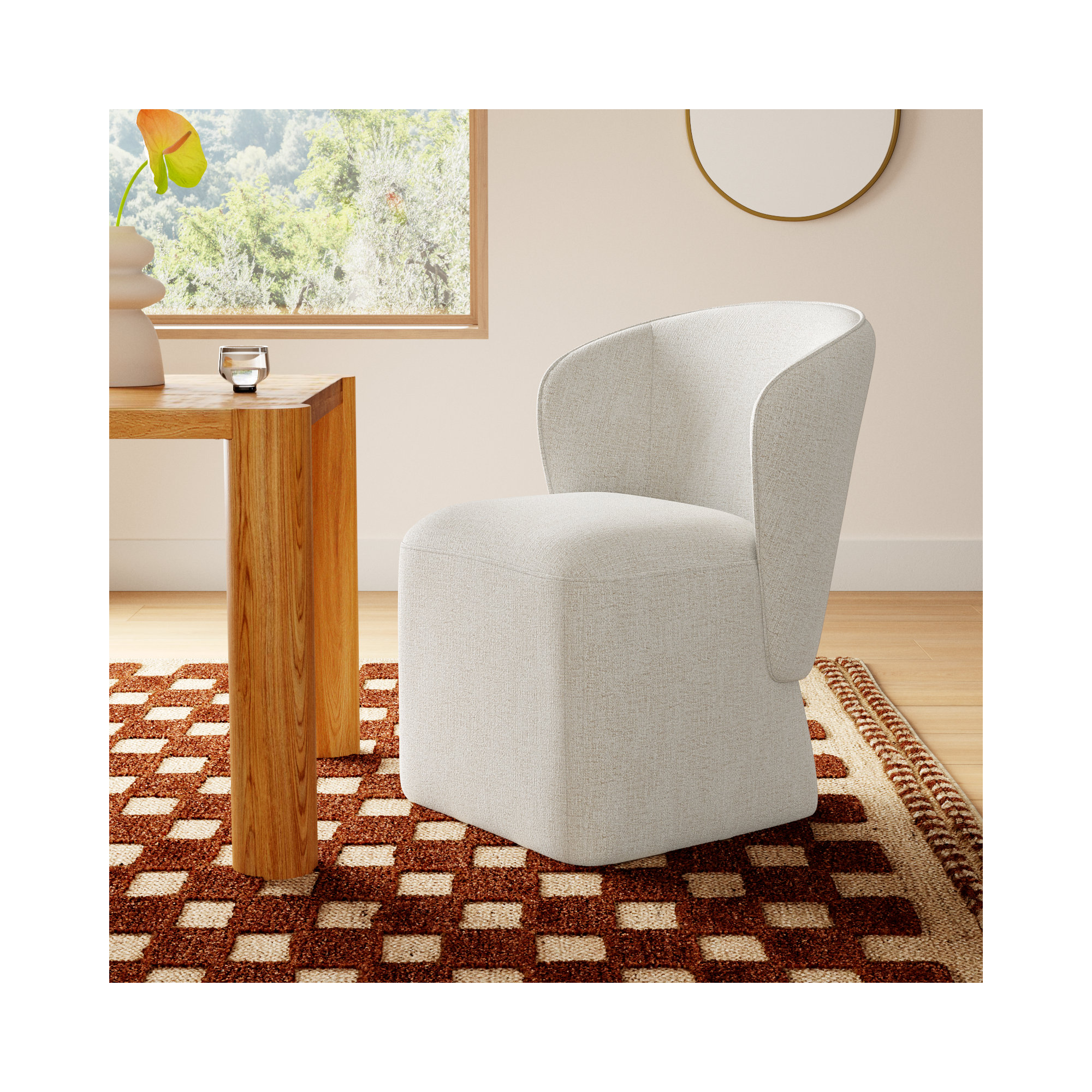 Niha Upholstered Dining Chair with Casters, Nathan Wheat Tweed