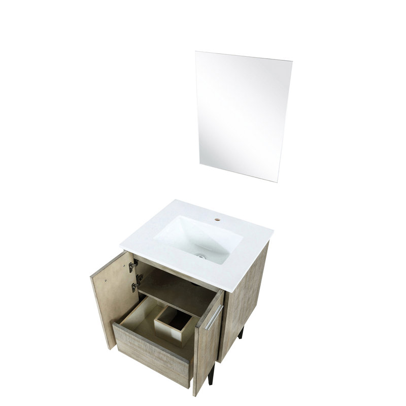 24 po De salle de bain rustique avec comptoir en quartz blanc, miroir inclinable réglable de 18 po, mécanisme de fermeture en douceur et comptoir de salle de bain large, plateau de table incliné