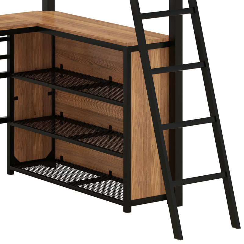 Loft Bed With 3 Layers Of Shelves And L-Shaped Desk, Black, Twin