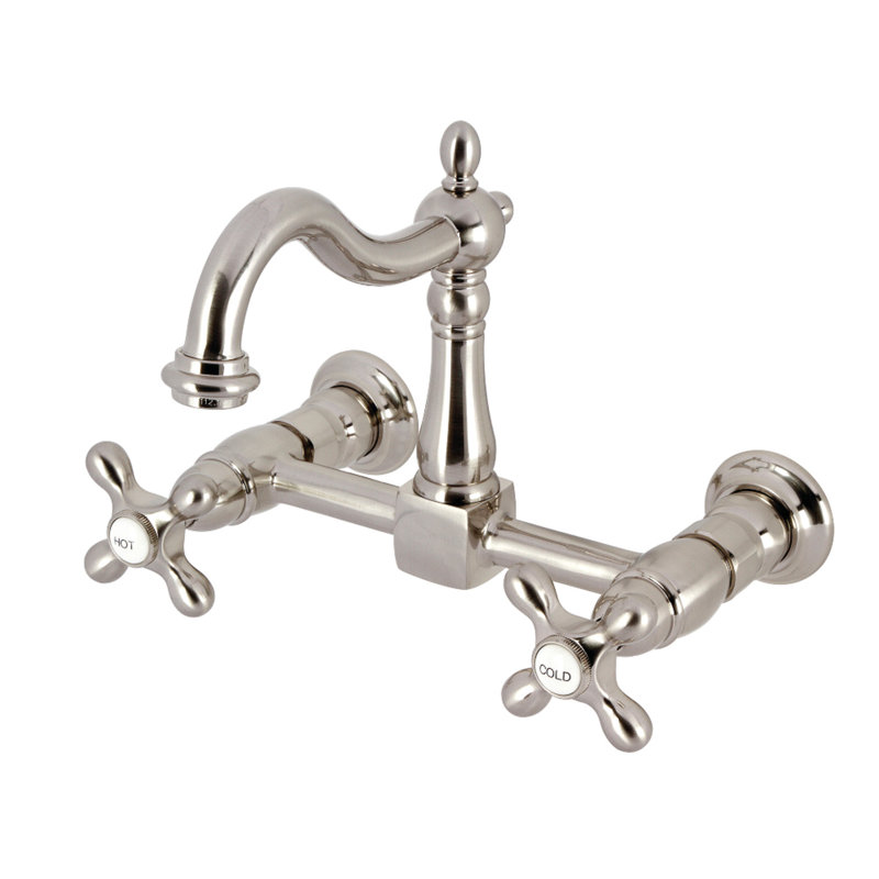 Kingston Brass Heritage Double-Handle 2-Hole Wall-Mount Bridge Kitchen Faucet, Brushed Nickel
