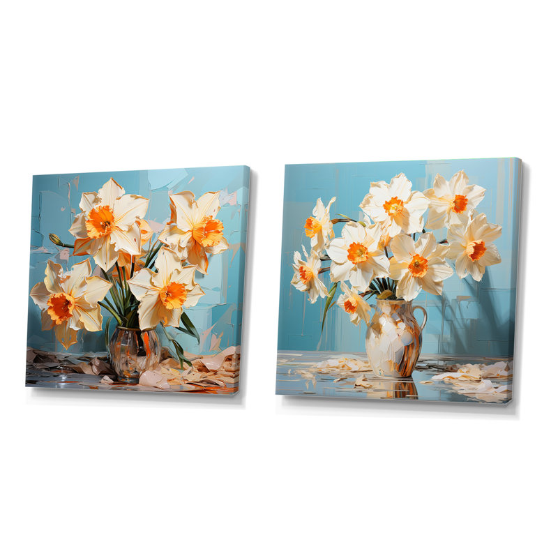 Jonquilles fleuries avec un pinceau féroce - ensemble de 2 jonquilles carrées, H 16 po x l 33 po, Toile tendue