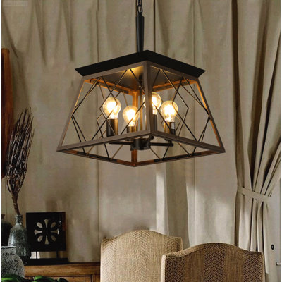 Luminaire suspendu en forme de cage de ferme style ferme rétro avec finition noire et noyer