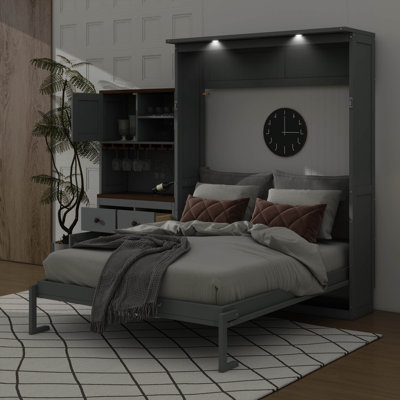 Queen-Sized Wall-Embedded Murphy Bed With Storage Cabinet, Wine Shelf, Glass Rack, Drawers, Plus LED Illumination