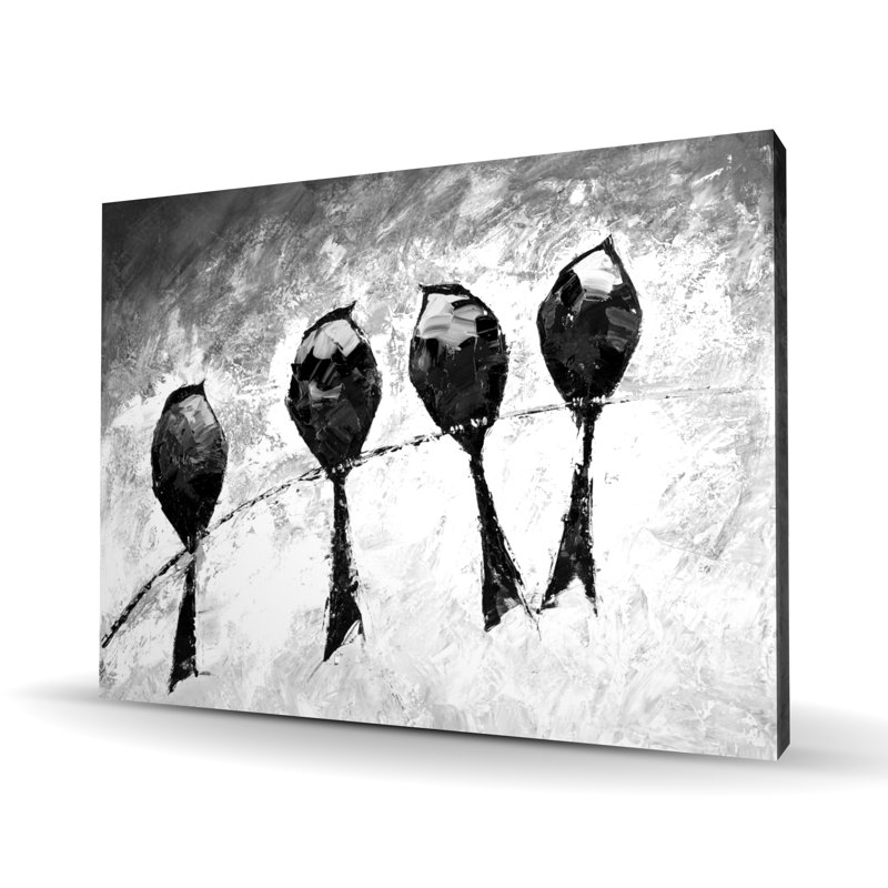 Quatre oiseaux perchés - Toile blanche monochrome pour la décoration intérieure