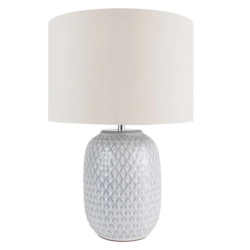 Set Of 2 Reactive Glazed Textured Grey Ceramic Table Light With Natural Linen Cylinder Fabric Shade