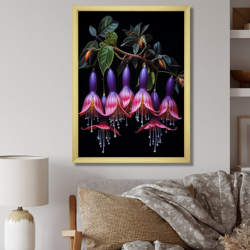 Fleurs mauves en cascade - Fuschia, Cadre doré simple, H 32 po x l 16 po x P 1 po