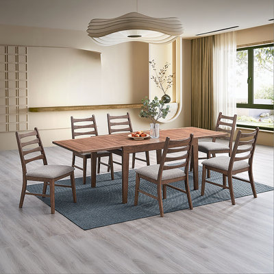 Modern Dining Set Walnut Finish Extendable Dining Table and Chairs Upholstered Seat Kitchen Dining Wooden Furniture