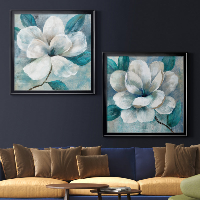 Bleu sarcelle Magnolia I - ensemble de 2 reproductions d'art encadrées, H 17,5 po x l 35 po x P 1,5 po, Toile avec cadre noir