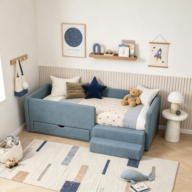 Lit simple pour enfant avec garde-corps, tiroir de rangement et marchepied, Navy