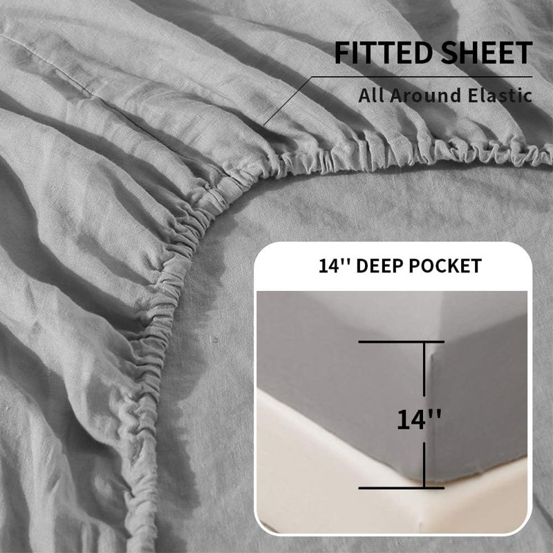 Ensemble de literie en lin belge, Ensemble de draps pour lit double avec 2 taies d'o, Gris
