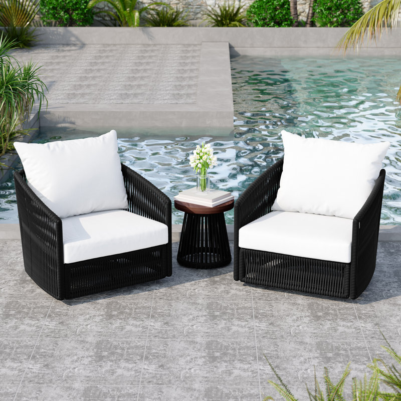 Lenno Swivel Patio Chair Set with Cushions and End Table, White, Black
