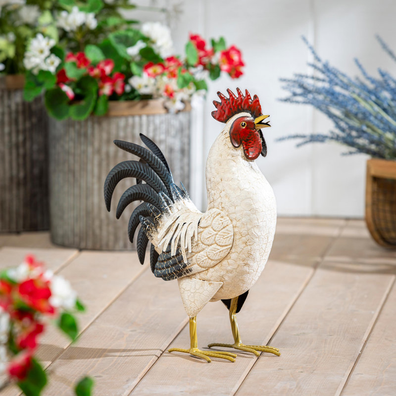 Metal Rooster With Light Feathers Garden Statue, 14in