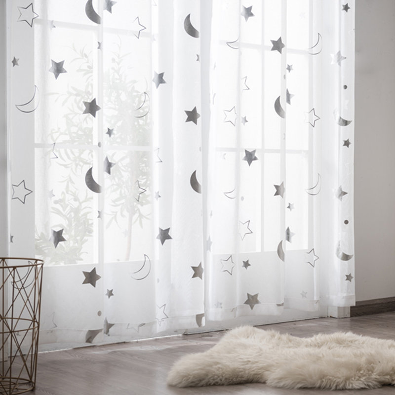 Star Moon Sheer Curtains For Nursery Bedroom - Galaxy Space Theme - Light Filtering Silver Foil Print - Set Of 2 Panels - 39.3X78.7In