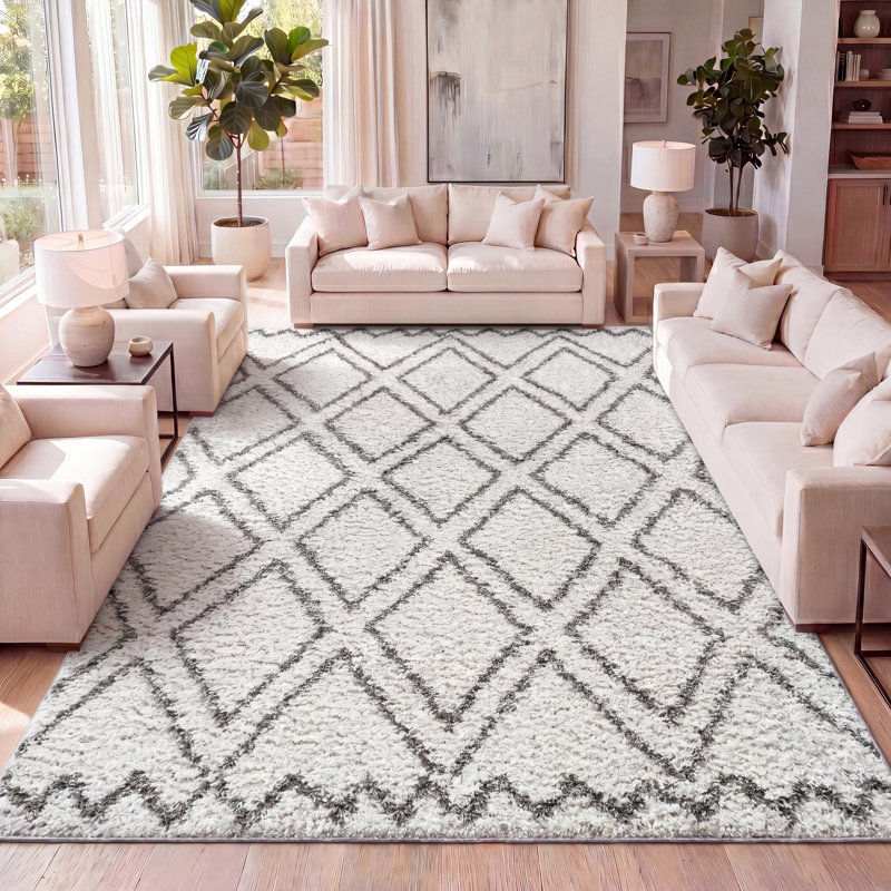Schlemmer Diamond Trellis Shag Beige/Dark Gray Rug, Rectangle 3' x 5'