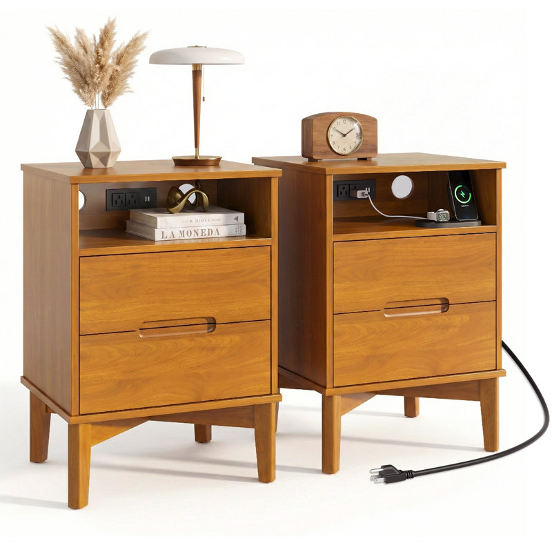 Mid-Century Modern Nightstand with Charging Station – 2 Drawers, Set of 2, Honey Oak