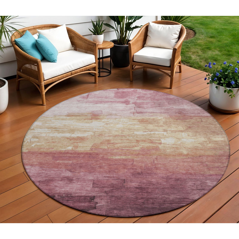 Tapis intérieur lavable rayé rond 8 pi mauve et rose