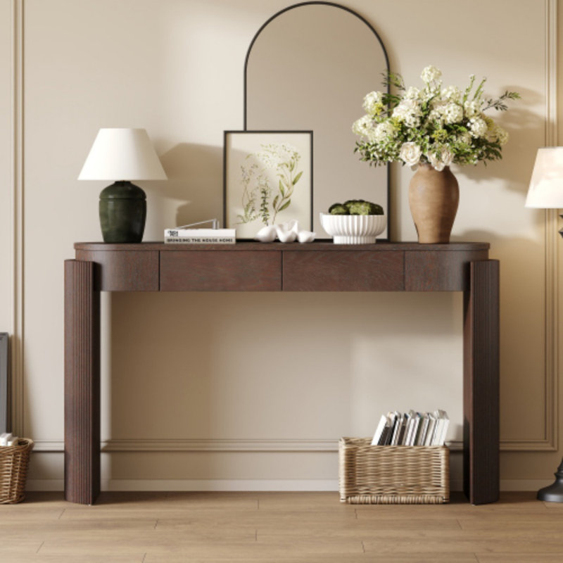 Console d'entrée avec design cannelé - plateau ovale et 2 tiroirs, Bois espresso