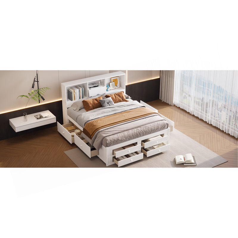 Lit plateforme avec tête de lit avec rangement et 8 tiroirs, blanc, Très grand lit