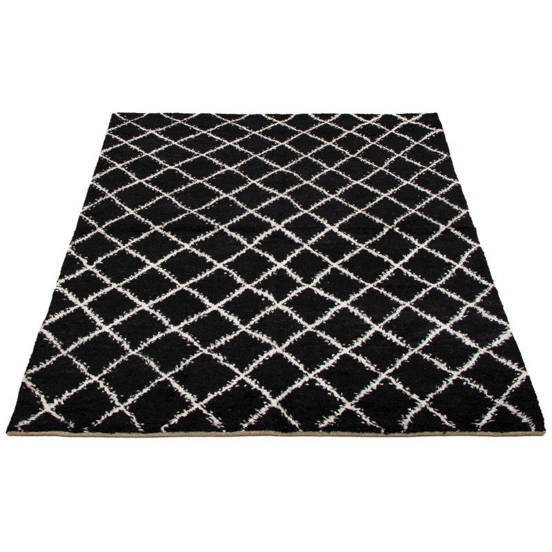 Tapis noir en laine noué à la main de conception unique 6 pi x 9 pi Theodora