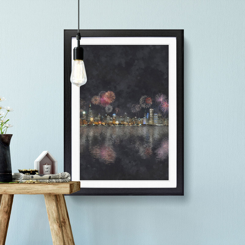 Fireworks Above the Chicago - Picture Frame Painting Print, 33cm H x 24cm W x 2cm D, Black Framed