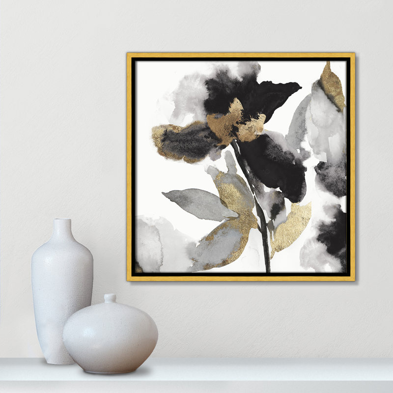 «Black Petals Black Gold Leaves II» par Asia Jensen, Or, H 17,5 po x l 17,5 po
