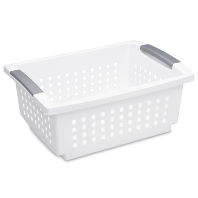 Sterilite Medium Stacking Basket, Open Top Storage Bin w Handles, 12 Pack, White