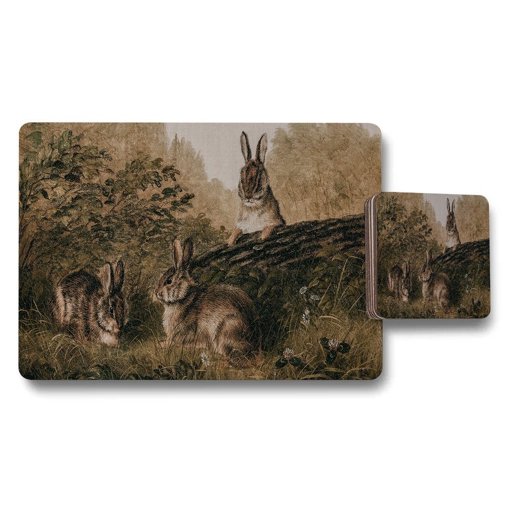 Woodland Rabbit Placemat Coaster Set Vintage Artwork