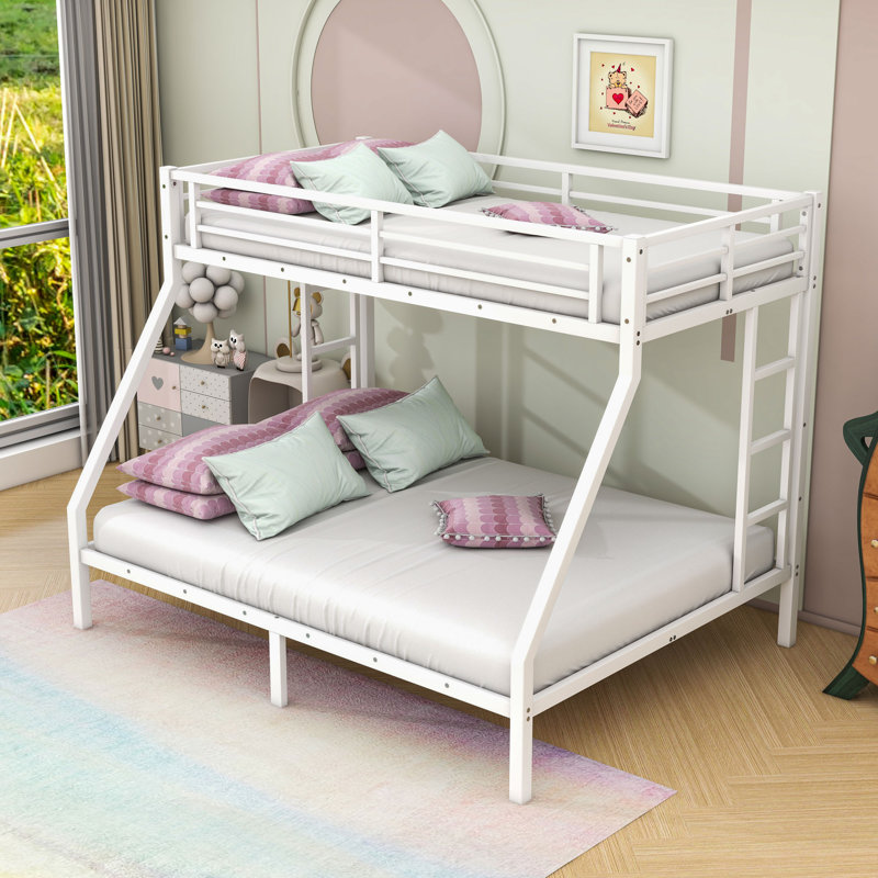 Metal Frame Bunk Bed With Slats And Ladder, Twin XL Over Queen, White