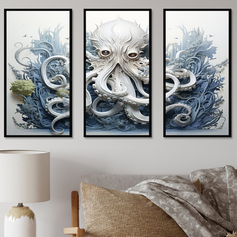 «Marine Life Octopus Magic Animals - Marine Art», ensemble d'art sur toile, H 28 po x l 36 po, Cadre flottant noir
