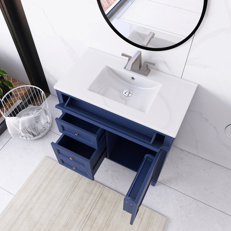 36'' Freestanding Single Sink Bathroom Vanity with Ceramic Top, Blue