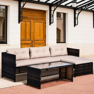 Mobilier de patio - 3 pièces avec méridienne et rembourrage épais, table basse en verre trempé, coussins moelleux d'extérieur beige, résistant aux intempéries,