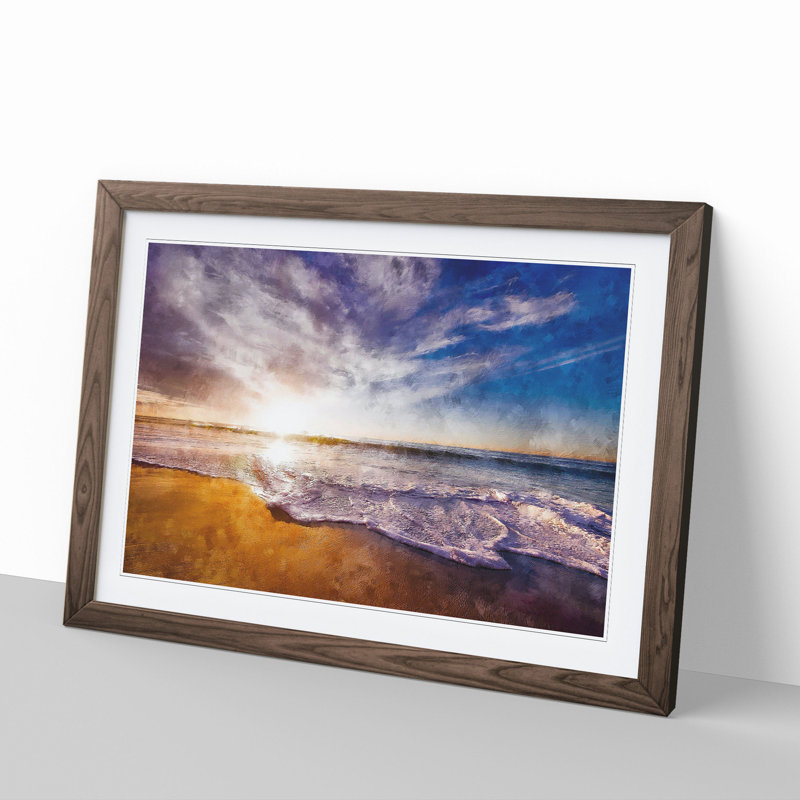 Sunset over a Californian Beach - Picture Frame Painting, 48cm H x 65cm W x 2cm D, Walnut Framed
