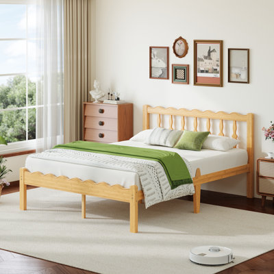 Structure de lit plateforme en bois de bambou 14 po avec tête de lit ondulée, lattes en métal, aucun sommier requis