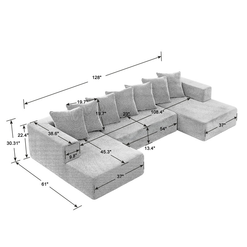 Chenille U-Shaped Sectional Sofa Set, Blue Chenille