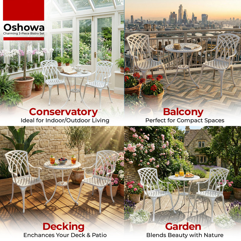 Musso Luxurious Garden & Patio Table & 2 Large Chairs With Armrests Cast Aluminium Bistro Set, White