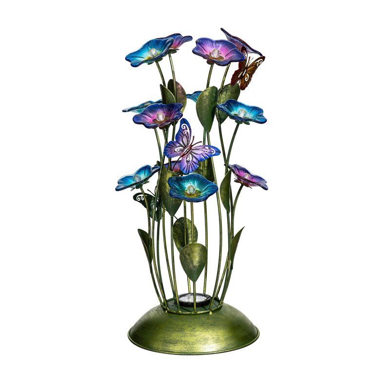 Solar Metal Flowers With Butterfly Statue, 19"H