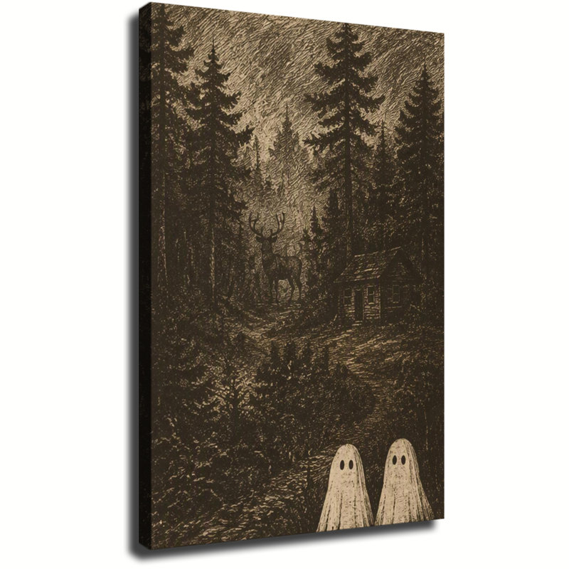 Scène de cabane en forêt vintage avec cerf et fantômes amicaux - Toile murale rétro pour l'Halloween, 20 x 30 po