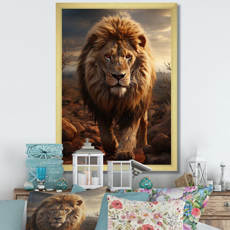 Moniet animal lion à Savan - impression, Toile avec cadre photo doré, H 32 po x l 16 po x P 1 po
